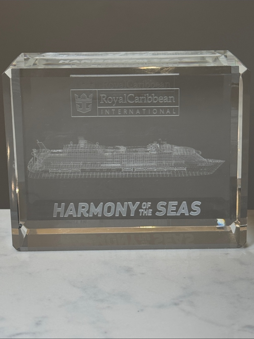 Royal Caribbean Harmony of the Seas 3D Etched Clear Crystal Block glass gift